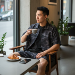 bộ cộc nam sơ mi in hoạ tiết camo Đen darkhearts